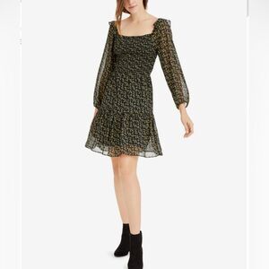 Sam Edelman long sleeve black and yellow ditsy floral smocked dress size 14